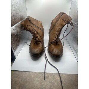 Frye Vintage Brown Leather Lace-Up Ankle Boots With Side Zippers & Low Heel Ma